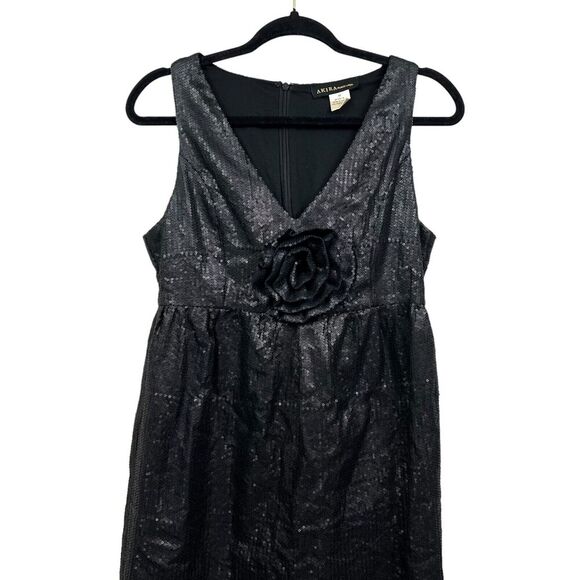 Akira Chicago Black Label Womens Sequin Sheath Dress Flower Detail Lined Black M - Picture 2 of 6